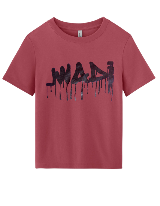 M- WOMENS GRAFFITI CROPPED HEAVYWEIGHT TEE VINTAGE RED W/ BLACK & DARK PURPLE