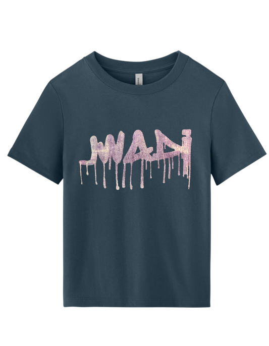XL-WOMENS GRAFFITI CROPPED HEAVYWEIGHT TEE VINTAGE NAVY W/ PURPLE GREY