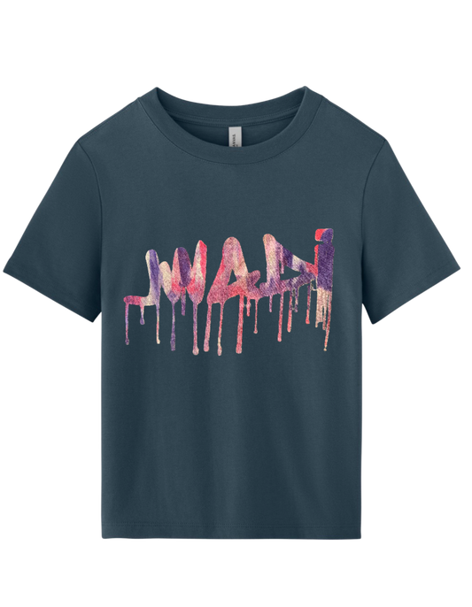 XL-WOMENS GRAFITTI CROPPED HEAVYWEIGHT TEE VINTAGE NAVY W PINK/PURPLE