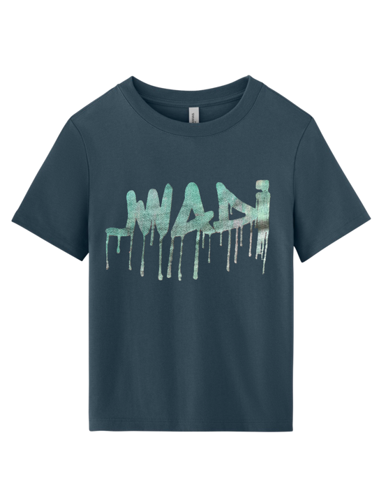 S-WOMENS GRAFFITI CROPPED HEAVYWEIGHT TEE  VINTAGE NAVY W/ GREEN & PURPLE