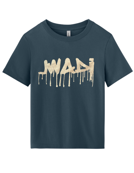 L-WOMENS CROPPED HEAVYWEIGHT GRAFFITI TEE -VINTAGE NAVY W/ GREY
